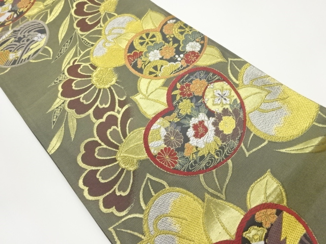 扇子に源氏車・宝尽くし・花々模様織出し袋帯